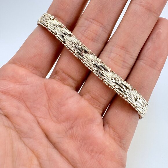 Sterling Silver 925 Interlocking Link Beaded Design Chain Bracelet Size 7.25" - Picture 8 of 11